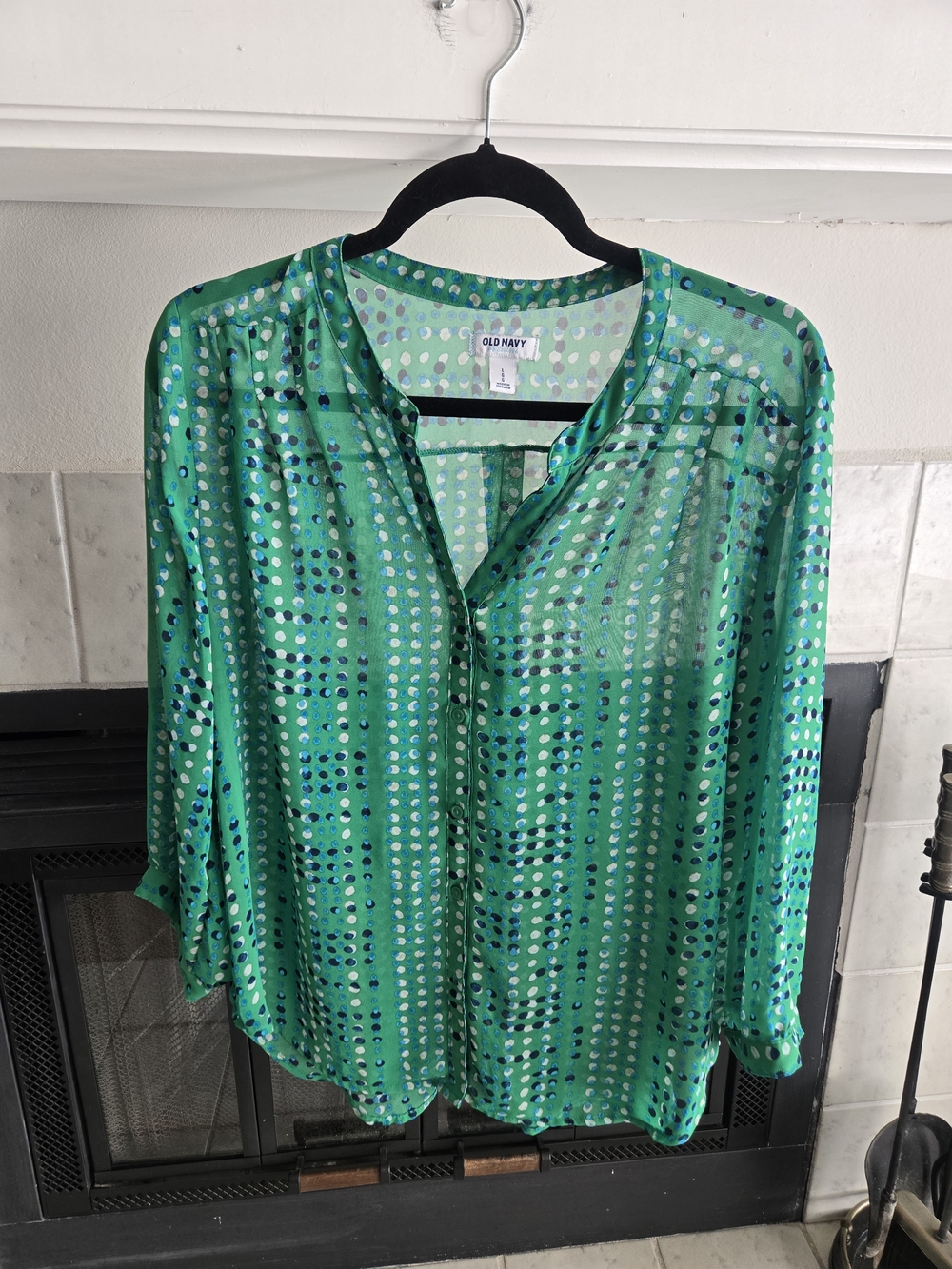 Old Navy Green and Navy Dot Print V-Neck Button Blouse